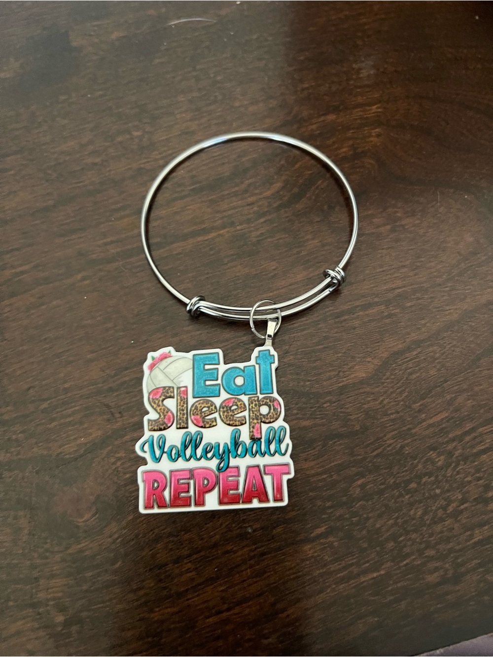 Eat Sleep Volleyball Repeat Charm Bangle Bracelet - Pink Blue